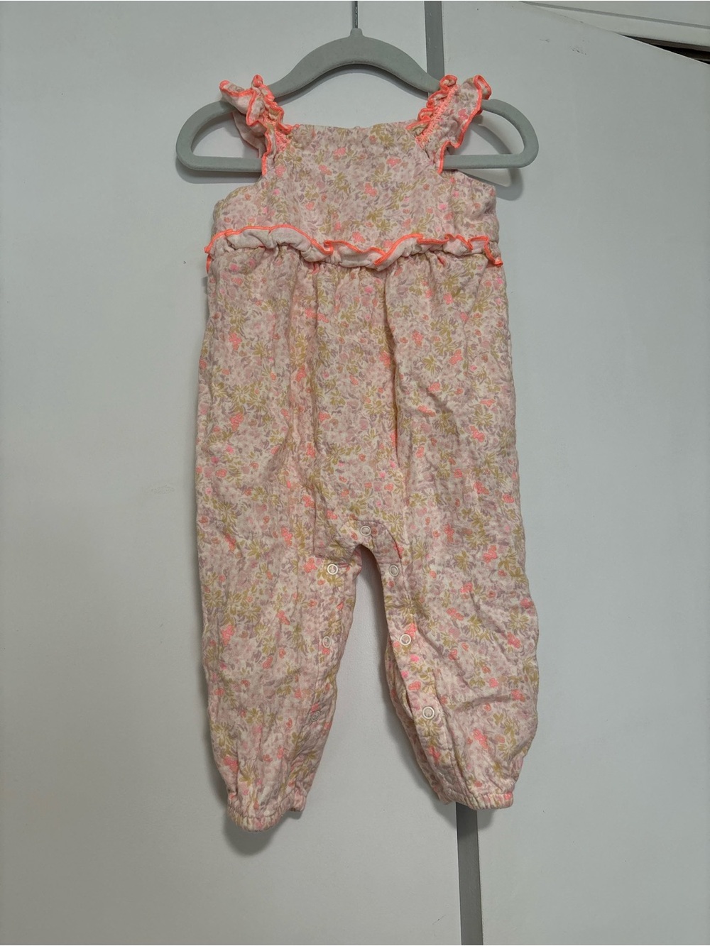 Cloud Island Floral Pink Romper with Neon Trim 6-9 months